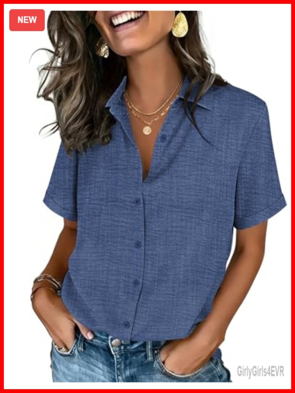 Women's Short Sleeve Button Down V-Neck Blouse Roll-Up Cuffs
